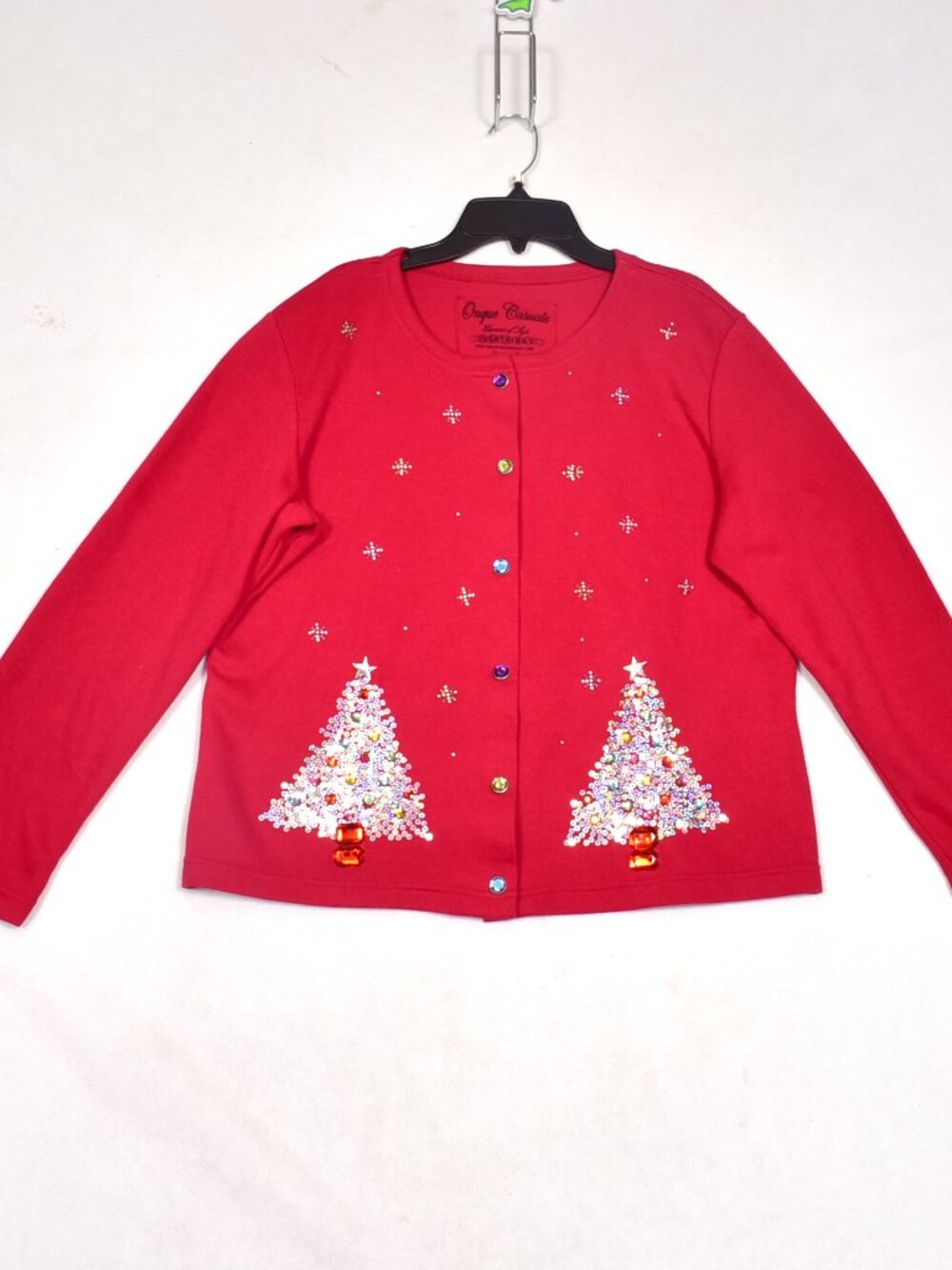 Onque Casuals Christmas Tree Women's Cardigan Sweater Red Size Large